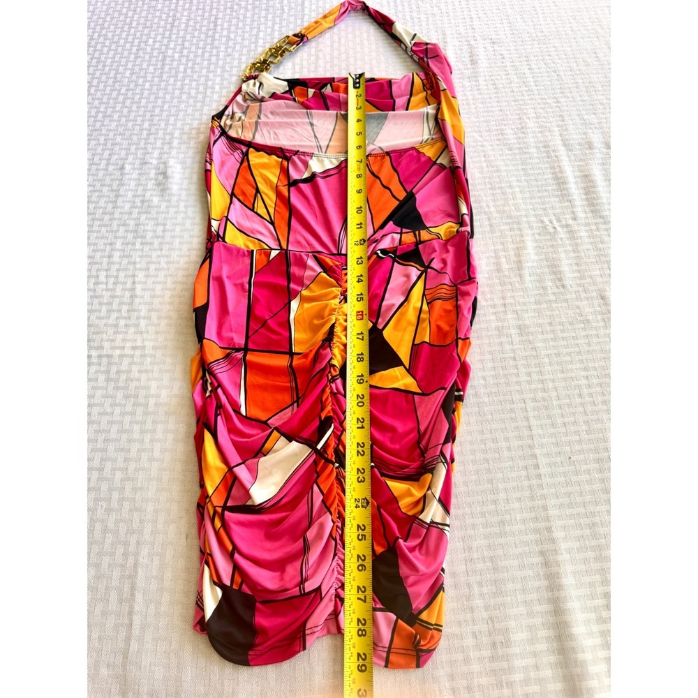 Juju & B Pink Geometric Halter Mini Dress Gold Chain Ruched Bodycon Size L - Picture 11 of 11